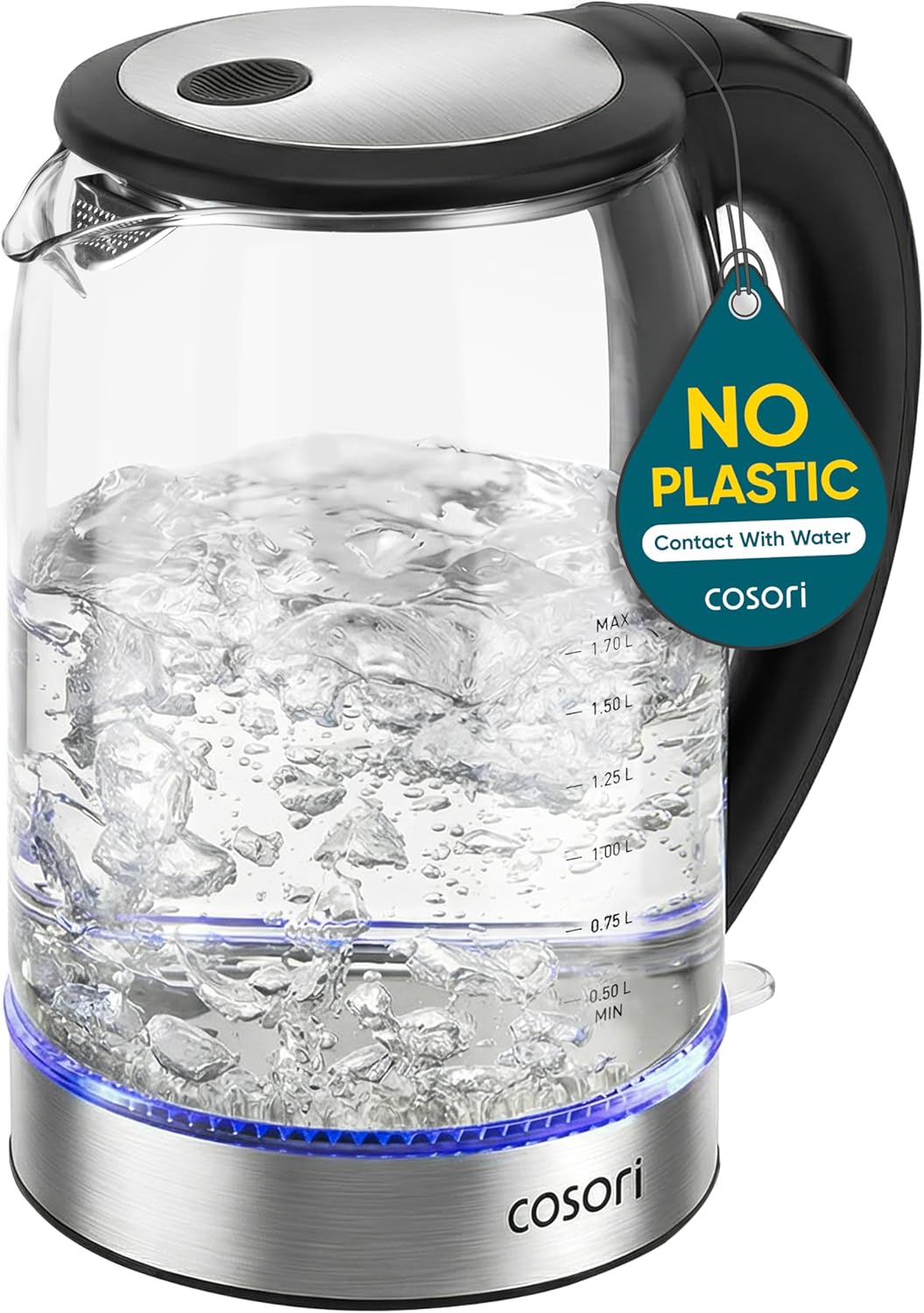 Cosori 1.7L glass electric kettle with blue LED